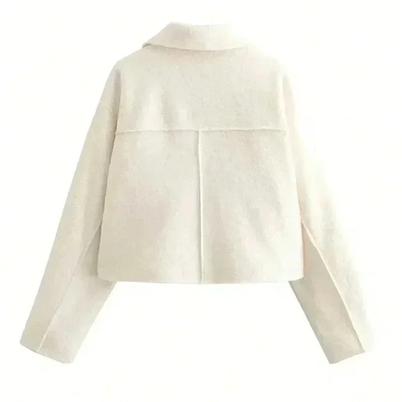 Beige Casual Women's Solid Color Woolen Jacket Top - Picture 7 of 8